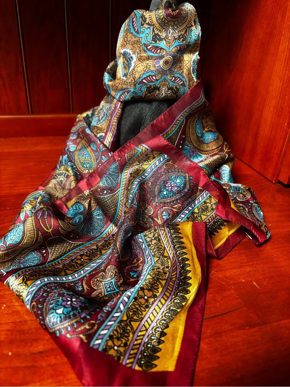 Silk Paisley Pattern Scarf in Burgundy, Teal & Gold